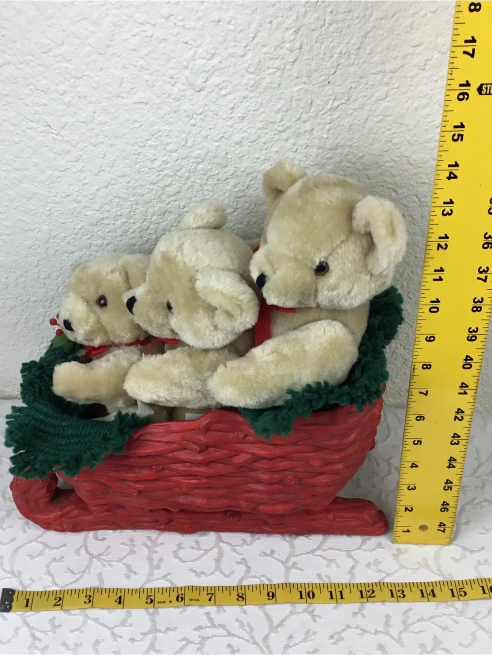 Plush Teddy Trio in Cream with Red Ribbons - Holiday Decorative Set
